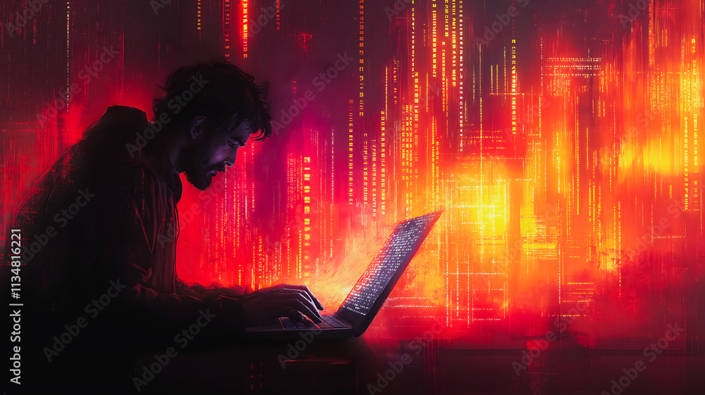 Poster a man is typing on a laptop in front of a red background