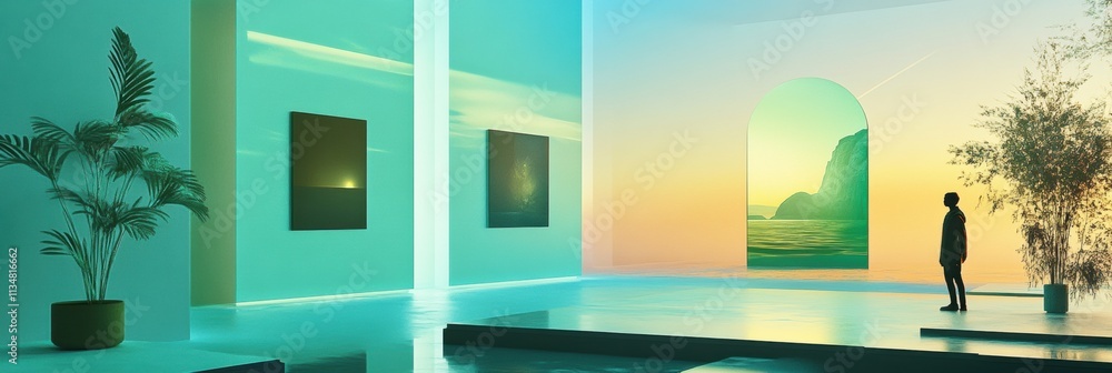 Leinwandbilder visitors engage with stunning virtual artworks in a bright digital gallery, surrounded by calming co