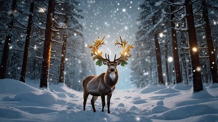 deer in winter forest, deer in winter, deer in the snow, Christmas with magical scene of a reindeer in center in snowy forest with Christmas trees