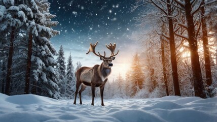 deer in the snow, deer in winter, deer in the snow, Christmas with magical scene of a reindeer in center in snowy forest with Christmas trees