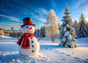 Obraz premium Charming Snowman in Winter Wonderland with Top Hat and Red Scarf, Surrounded by a Blanket of Snow, Perfect for Holiday and Seasonal Themes