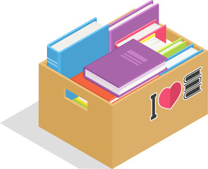 Cardboard box containing colorful books with an i love books sticker promotes the joy and importance of reading, symbolizing a passion for literature and knowledge