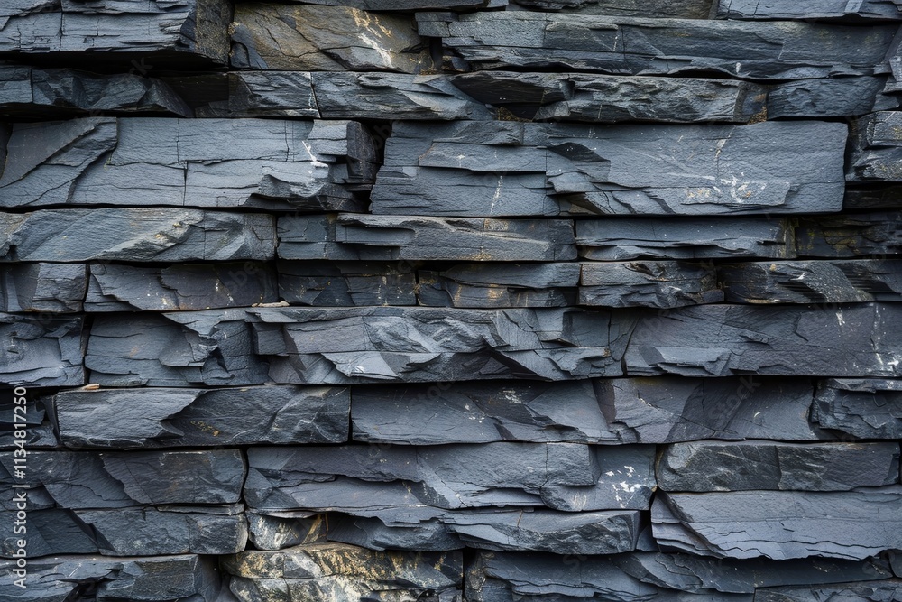 Poster a detailed view of a textured slate stone wall showcasing various shades of grey and black. the natu