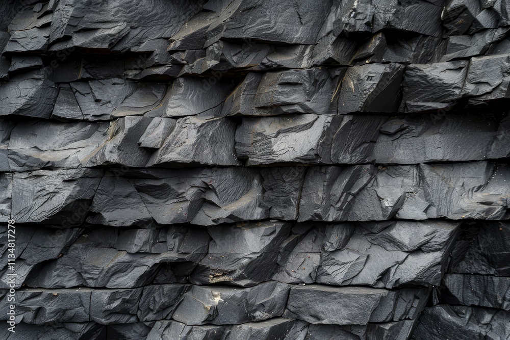 Poster the layered dark slate rocks create a striking texture on a vertical surface, revealing intricate pa