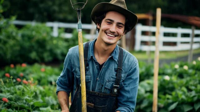 Smiling farmer in overalls tending to garden with pitchfork and tools