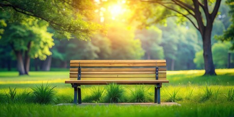 Fototapeta premium A solitary wooden bench in a sun-drenched park, with a backdrop of lush greenery and a warm, inviting glow