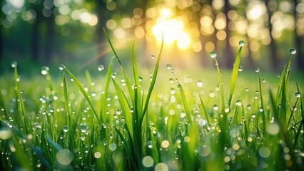 Obraz premium Sun-kissed Dewdrops on Lush Green Blades of Grass After a Gentle Rain