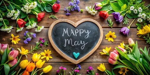 Cheerful May Day Handwritten Greeting on Heart-Shaped Blackboard for Celebration, Spring Festivities, and Seasonal Joyful Expressions in a Rustic Setting