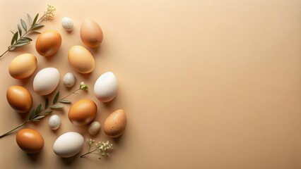 A minimalist composition of brown and white eggs arranged on a beige background with delicate floral sprigs.