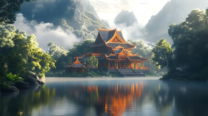 Obraz premium Serene reflection of ancient architecture in tranquil nature scene