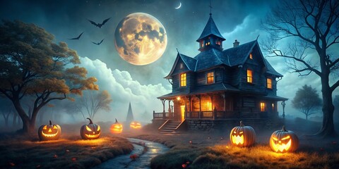 Chilling Halloween Scene of a Haunted House Surrounded by Glowing Jack-O'-Lanterns Under a Full Moon and Misty Sky, Eerie Atmosphere Perfect for Spooky Night Photography