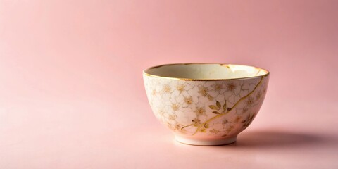 A delicate porcelain bowl with a floral design, featuring a subtle crack running along its rim, sits against a soft pink backdrop.