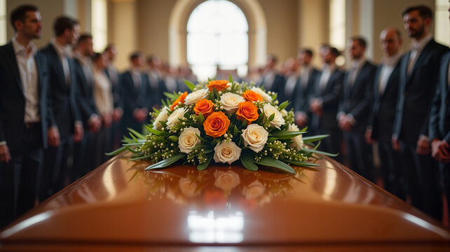 Mourners standing in formation behind a casket adorned with a vibrant floral arrangement