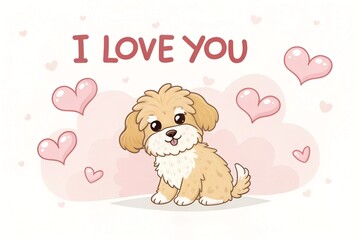 Lovely little maltipoo puppy with pink hearts. Inscription I love you