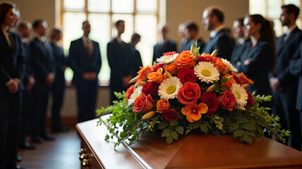 Mourners standing in respect around a casket during a funeral service