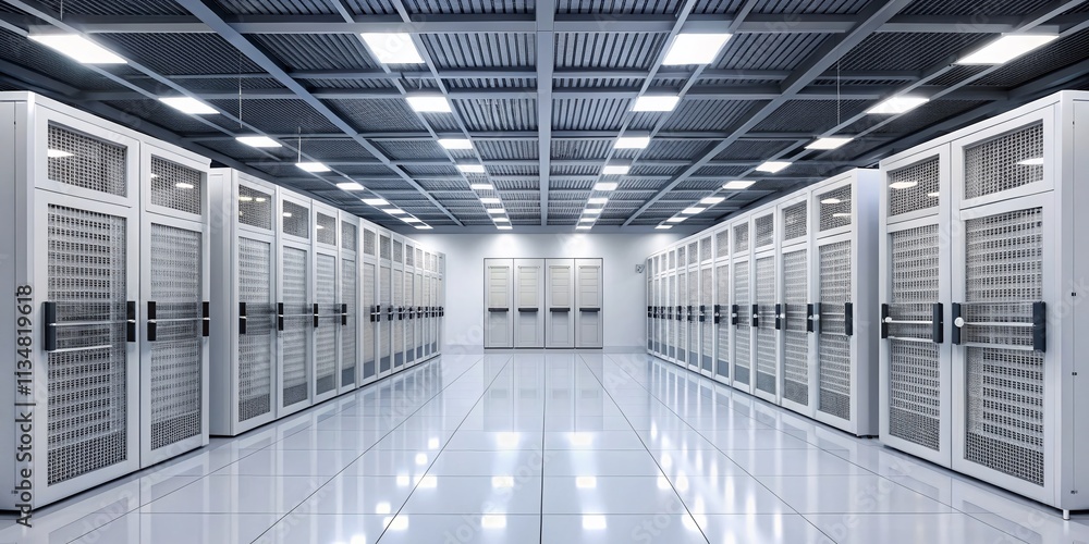 Aufkleber clean and modern white data center server room with rows of sleek racks, soft lighting, and minimali