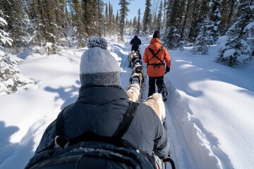 A group of happy sled dogs eagerly pulls a sled through a snow-laden forest, capturing the exhilarating spirit of adventure and the unbreakable bond between humans and these incredible animals.
