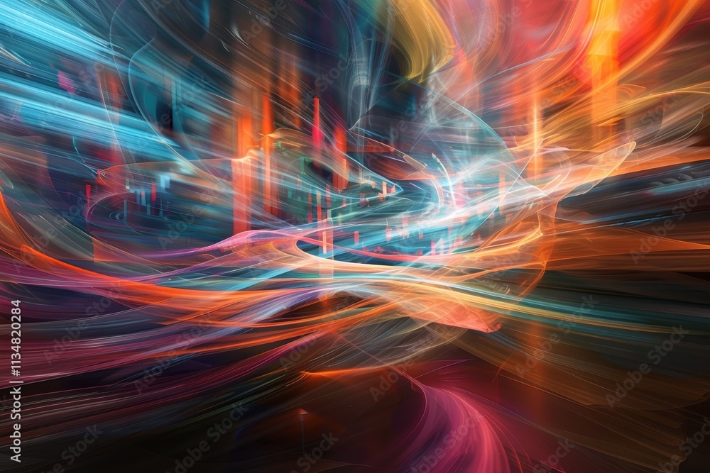 Poster bright streaks of light interweave in dynamic patterns, creating an energetic atmosphere filled with