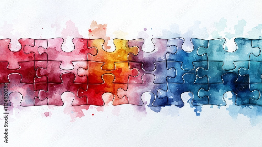 Poster watercolor puzzle pieces gently merge on white background showcasing delicate textures and soft colo