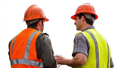 Two Construction Workers Reviewing Plans at a Construction Site, Wearing Safety Gear Including Orange Hard Hats and High-Visibility Vests for Site Safety and Compliance