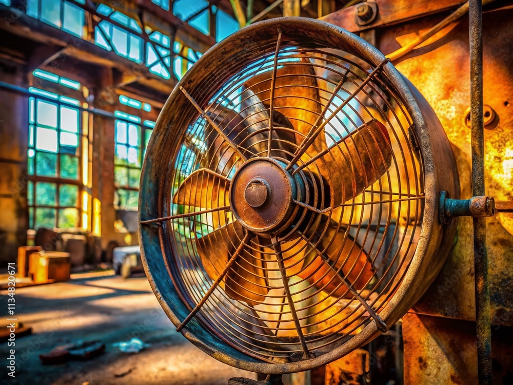 Poster close-up detail of an industrial cooling mechanism highlighting the fan's intricate design and funct