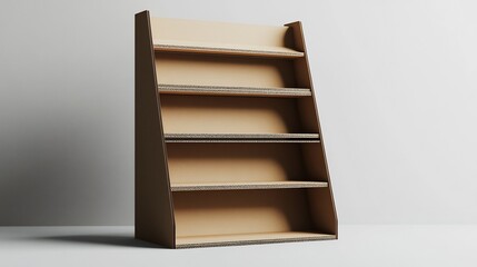 Cardboard display shelving unit with five tiers, against a plain background.