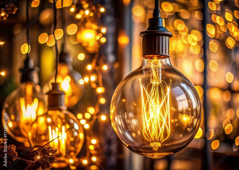 Poster close-up double exposure of a warm tone incandescent lamp with soft glow and abstract light patterns