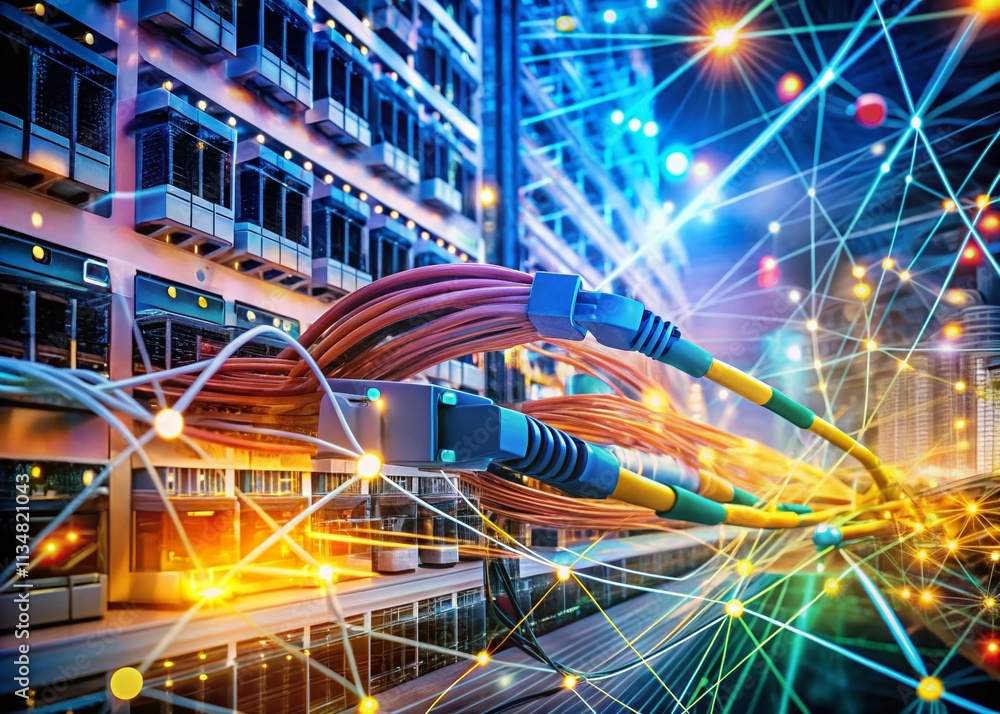 Poster close-up double exposure of interconnected network cables symbolizing business connections and moder
