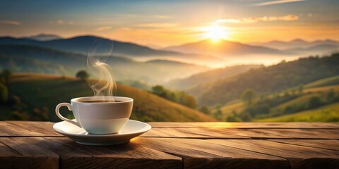 A Steaming Cup of Coffee on a Wooden Table with a Scenic Sunrise Over Rolling Hills in the Background