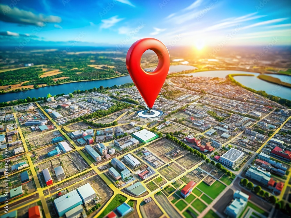 Poster close-up drone capture of a map with a red pin highlighting local seo improvements for business grow