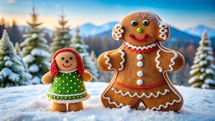 Gingerbread woman with gingerbread dog in snow landscape at Christmas time
