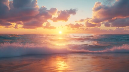 Fototapeta premium Sunset waves crash on tranquil beach coastal landscape scenic view