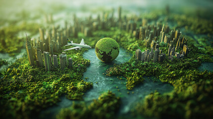 logo showcases green globe entwined travel icons embodying spirit of sustainable tourism adventure and eco conscious travel amidst flourishing nature.