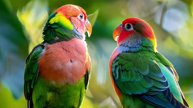 A pair of lovebirds perched closely together on a branch, Video footage-4K