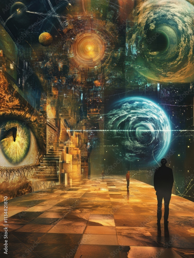 Poster Visitors wander through a digital gallery showcasing vibrant virtual artworks and avatars while surrounded by cosmic elements and colors. Generative AI