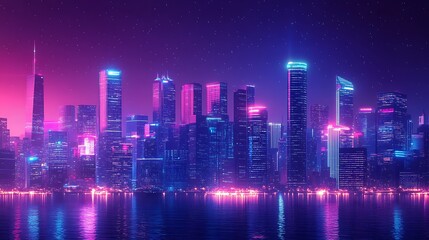 Obraz premium Vibrant night cityscape urban skyline digital art colorful lights