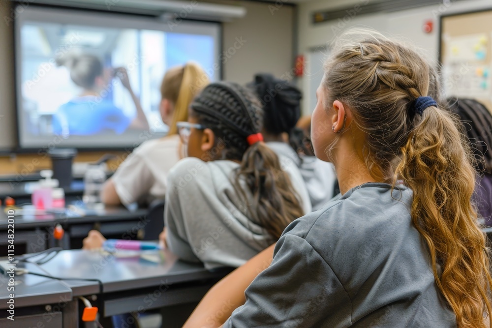 Aufkleber a group of students attentively listens to a presentation, focused on the speaker displayed on a lar