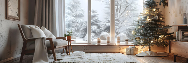 A Scandinavian-style Christmas nook with wooden furniture, white and gray decor, and a small pine tree with simple lights