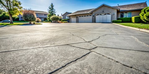 Fototapeta premium A cracked and weathered concrete driveway leading to a suburban house with a garage and a lush green lawn