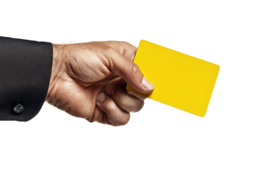Hand Holds Blank Yellow Card Isolated on PNG Transparent Background