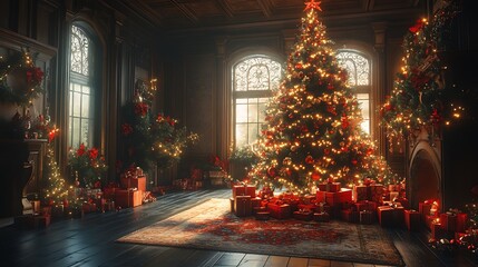Fototapeta premium Christmas celebration in cozy living room with festive decor