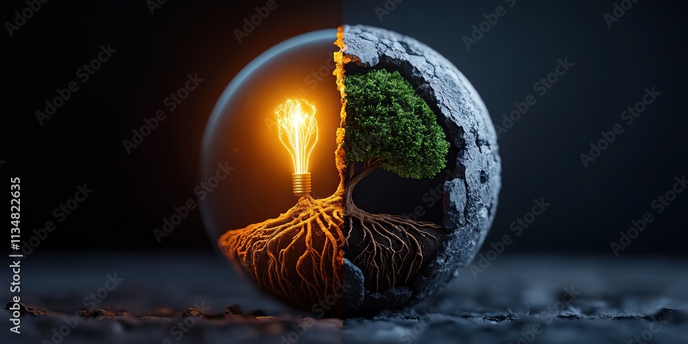 Poster a surreal sphere with one half showing roots and a tree, while the other half features a glowing lig