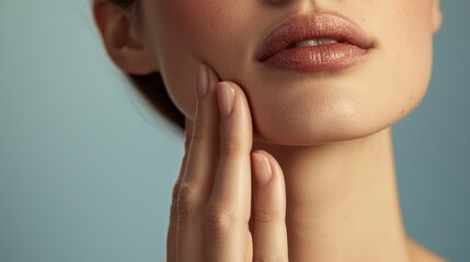 Close-up of a woman's lips and chin with glowing skin