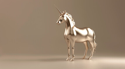 Fototapeta premium Minimalist golden unicorn sculpture with a reflective surface, showcased on a golden background, exuding elegance and luxury. 3d render