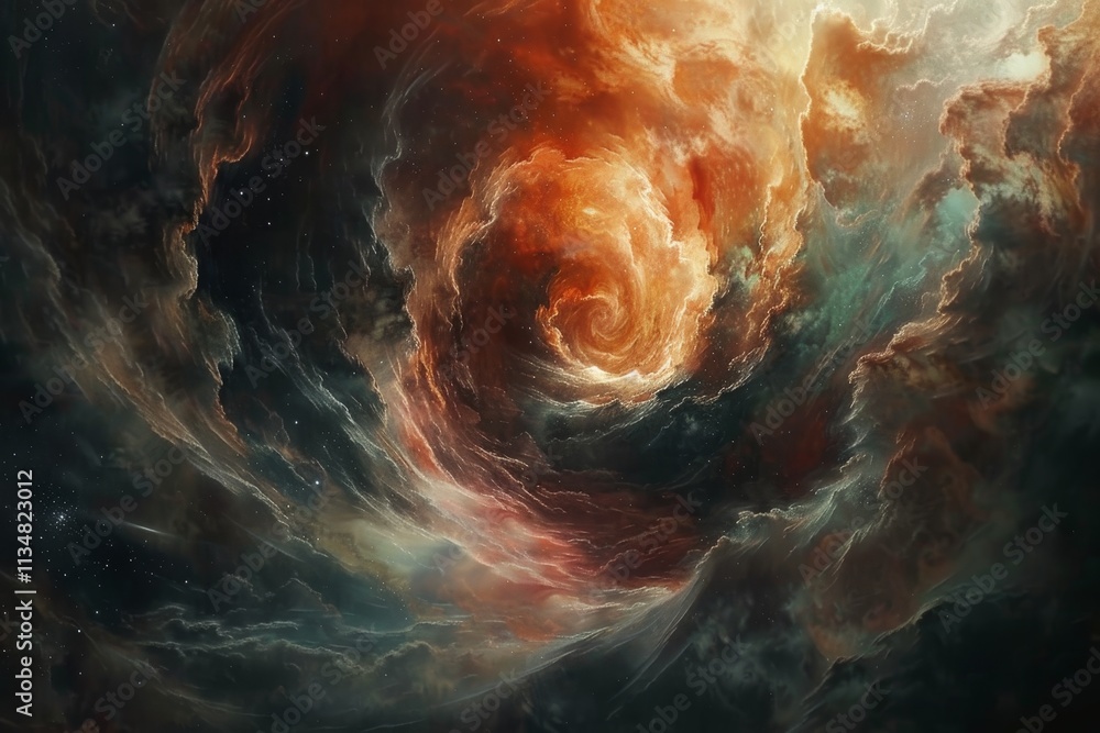 Poster the artwork captures a mesmerizing swirl of clouds in deep space, displaying a dynamic blend of red,