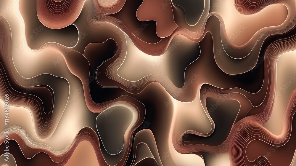 Poster abstract fluid shapes in warm earthy tones with smooth curves and gradient lines creating a modern a