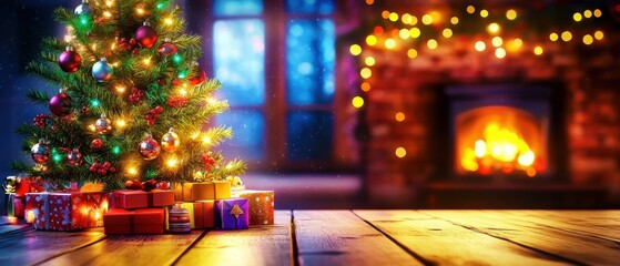 Magical Christmas Tree with Presents and Fireplace, Festive Holiday Scene