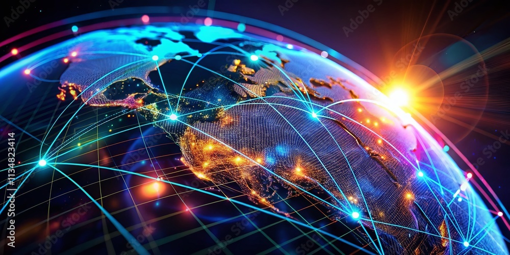 Poster close-up of a 3d hologram illustrating a global supply chain network with interconnected routes and 