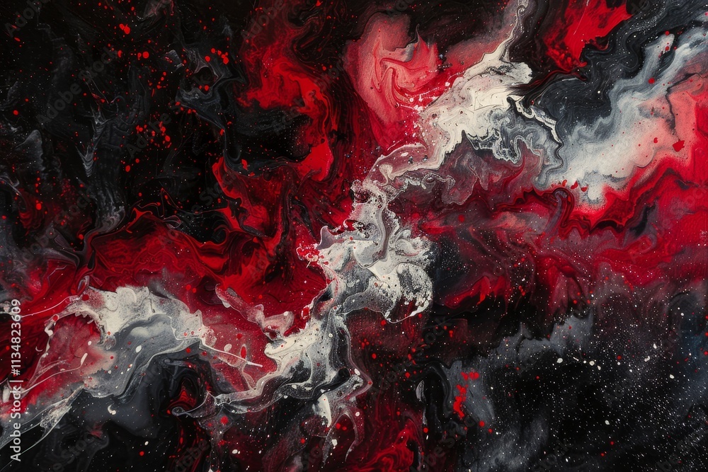 Poster a striking display of abstract cosmic art combines deep reds and blacks with swirling whites, evokin