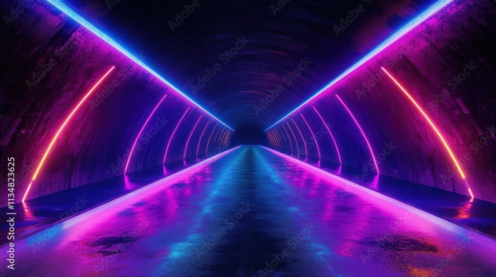 Poster futuristic neon tunnel cyberpunk art dynamic motion blur reflections wet ground sci-fi digital backg